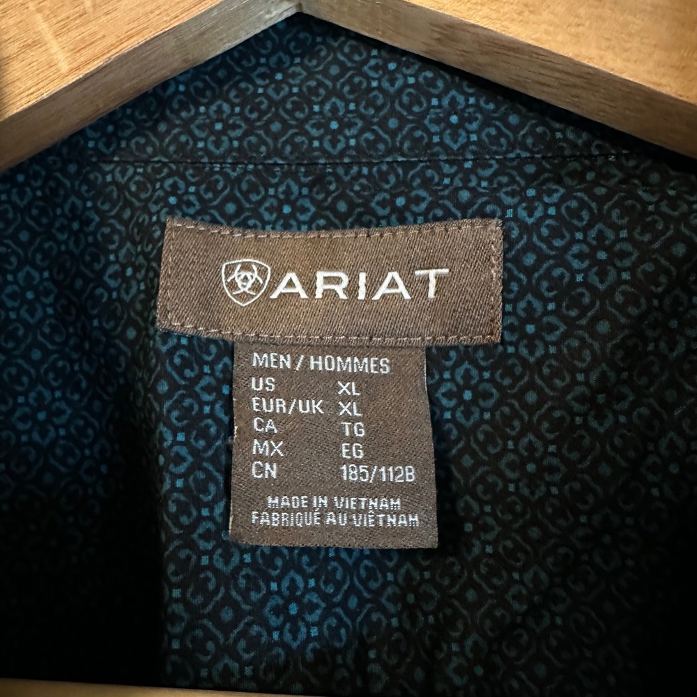 Ariat Western Shirt Mens XL Teal Black Geometric Pearl Snap Long Sleeve Cotton - Picture 8 of 10